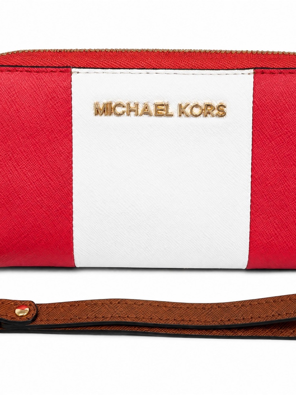Michael Kors Red White Saffiano Leather Wristlet with Brown Strap